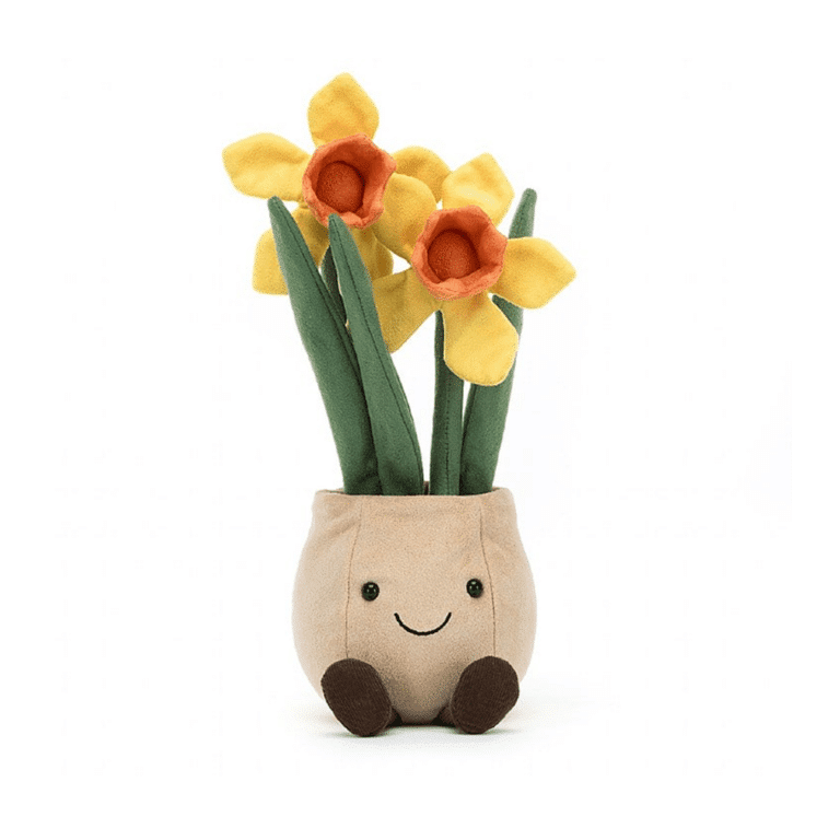 doudou jellycat jonquille dans son pot vue de face sur fond blanc