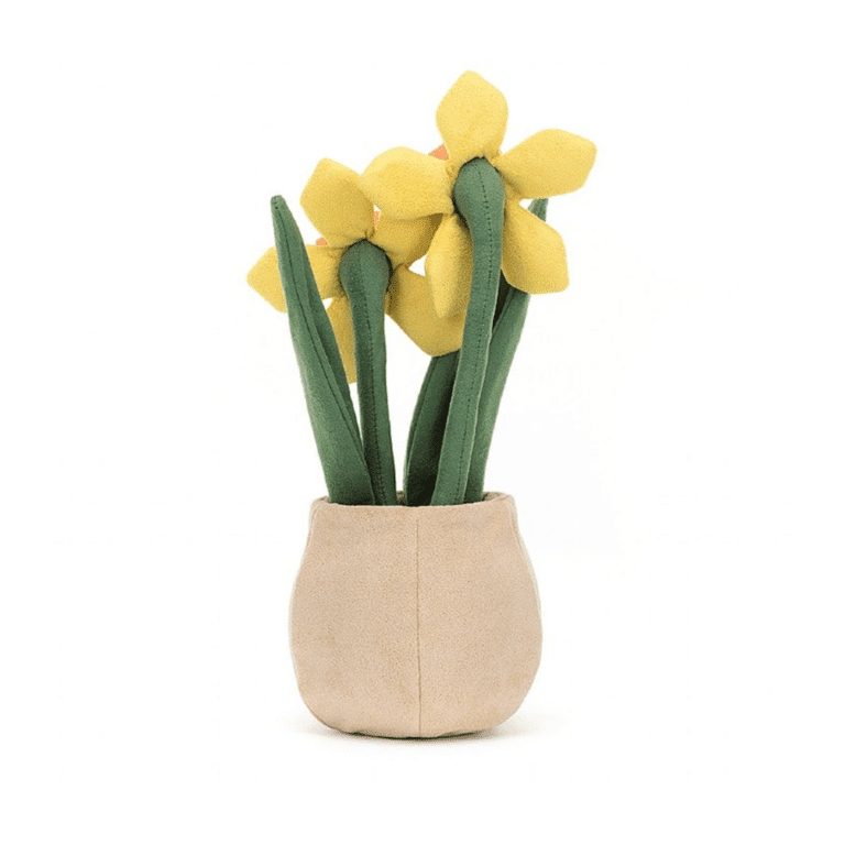 doudou jellycat jonquille dans son pot vue de dos sur fond blanc