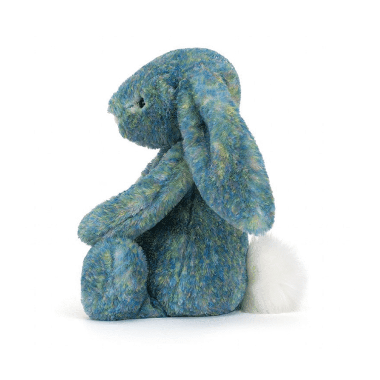 doudou jellycat lapin azur luxe vue de profil sur fond blanc