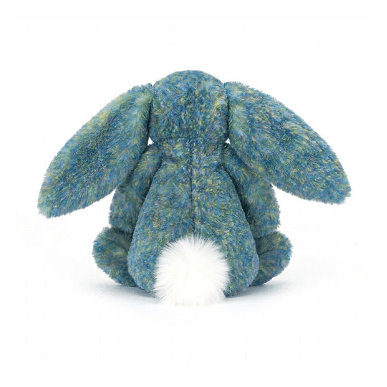 doudou jellycat lapin azur luxe vue de dos sur fond blanc