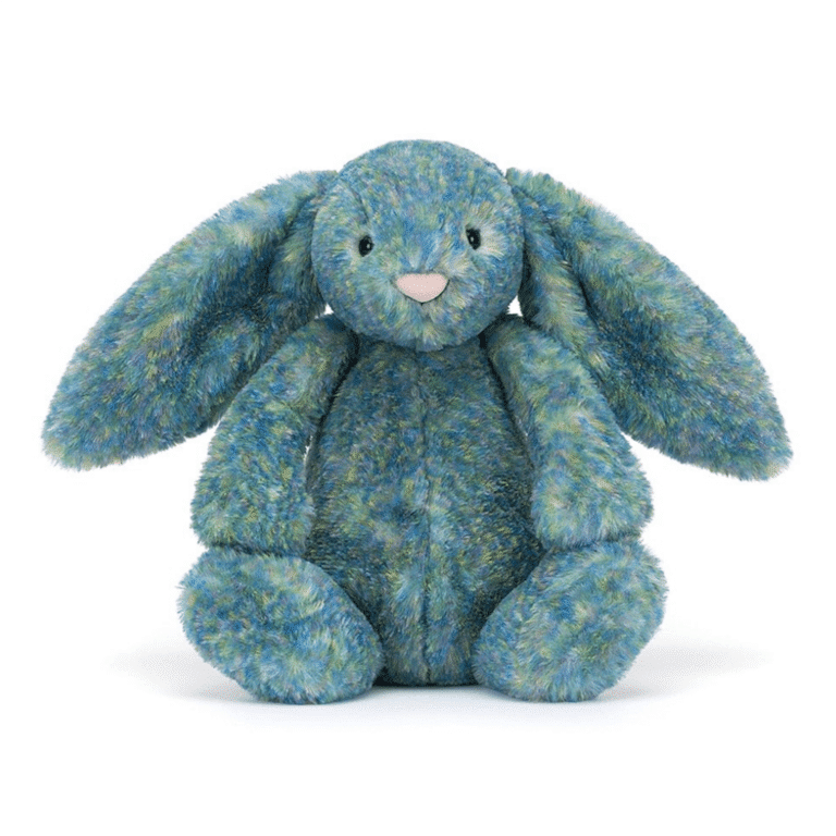 doudou jellycat lapin azur luxe vue de face sur fond blanc