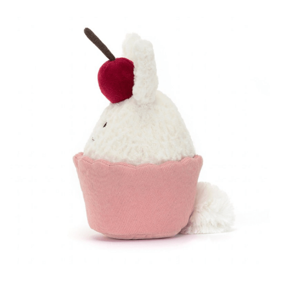 doudou jellycat lapin cupcake vue de profil sur fond blanc