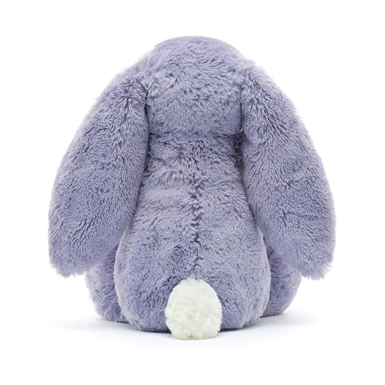 doudou lapin violet fond blanc vue de dos
