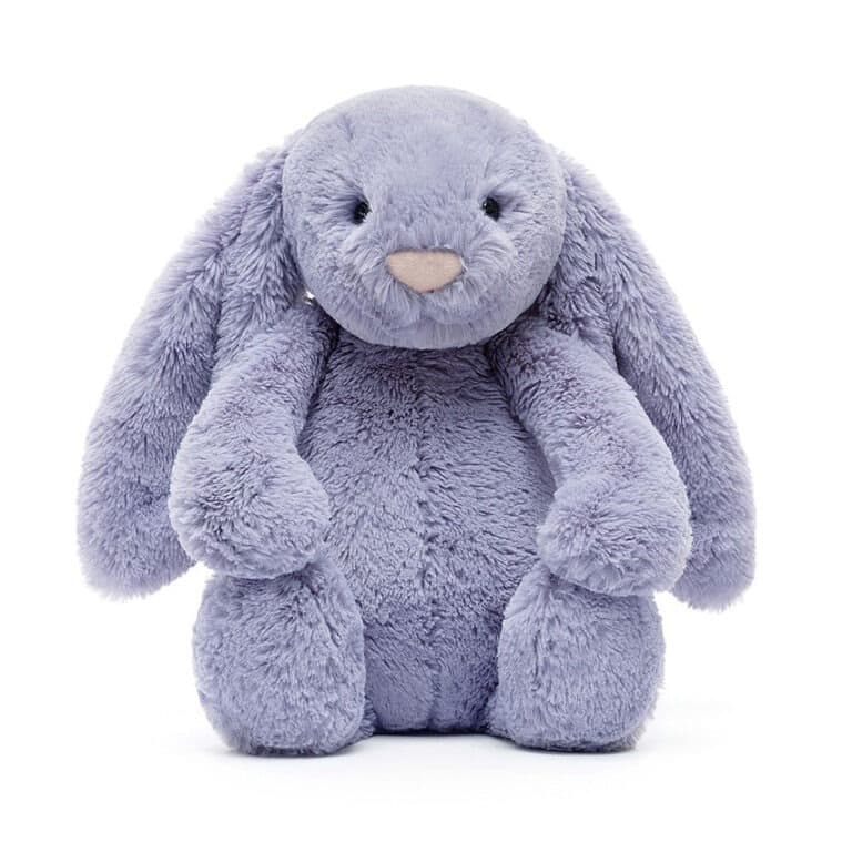 doudou lapin violet fond blanc vue de dos