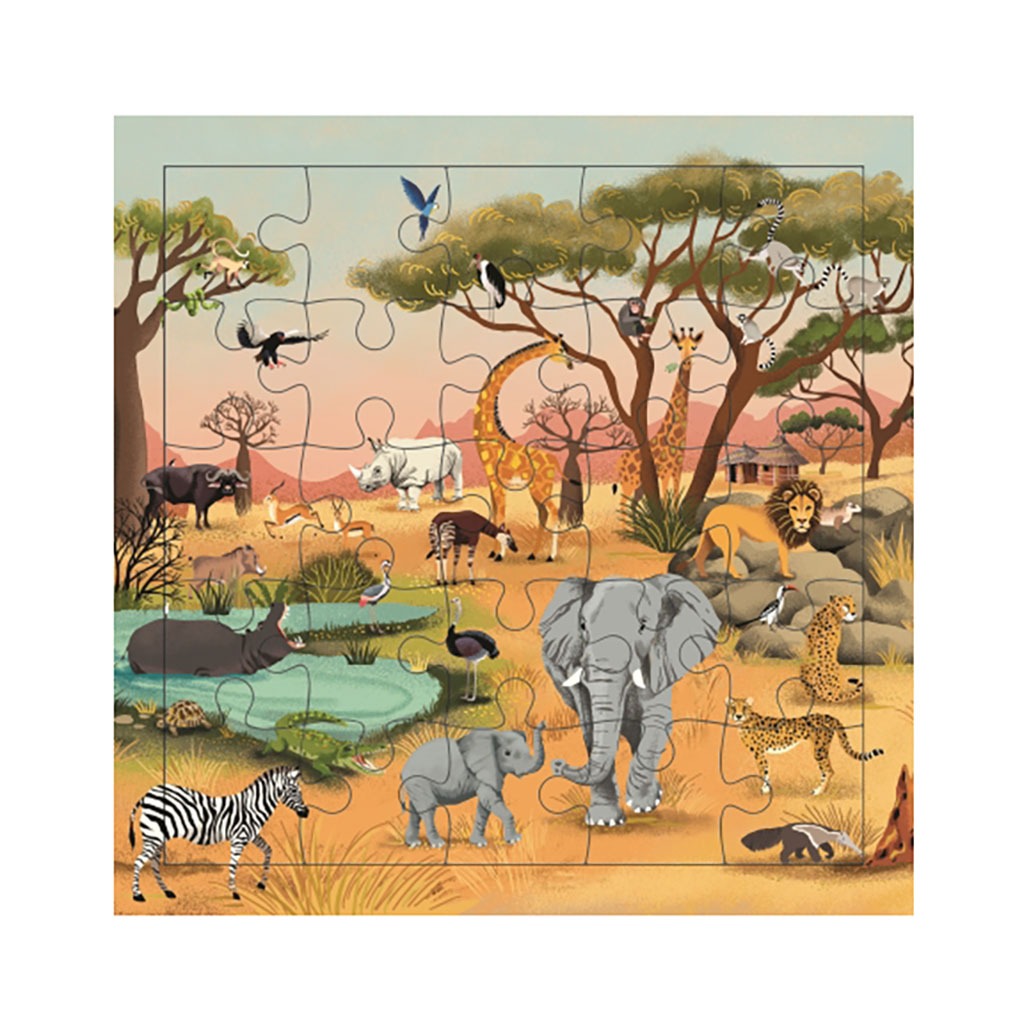 une carte puzzle animaux de la savane Cartes D'art, vue de face sur fond blanc