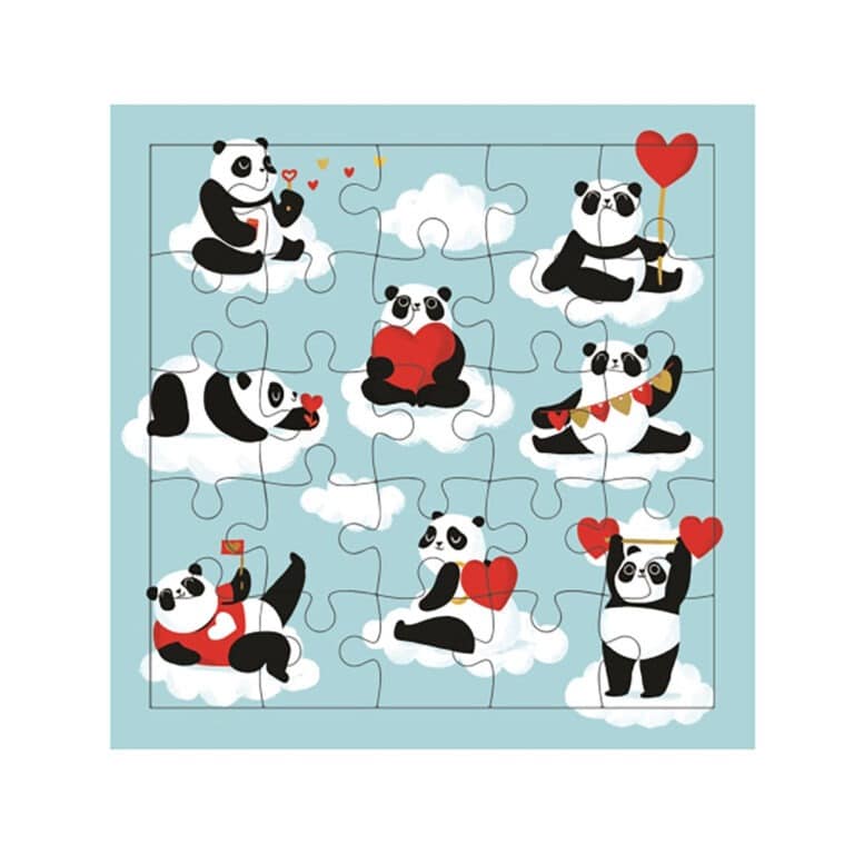 carte puzzle pandas et cœurs cartes d'art sur fond blanc