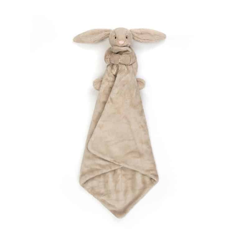 un doudou lapin et sa mini couverture Jellyact, vue de face sur fond blanc