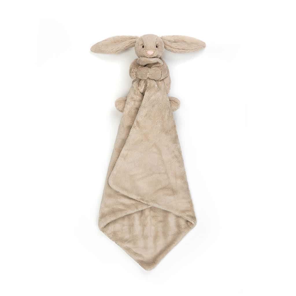 un doudou lapin et sa mini couverture Jellyact, vue de face sur fond blanc
