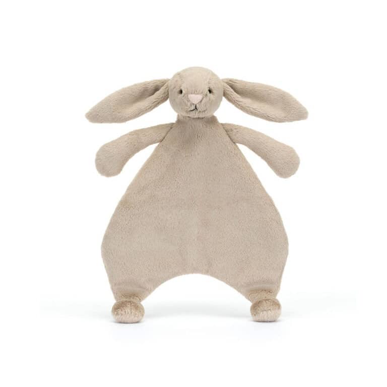 un doudou plat lapin beige Jellycat, vue de face sur fond blanc