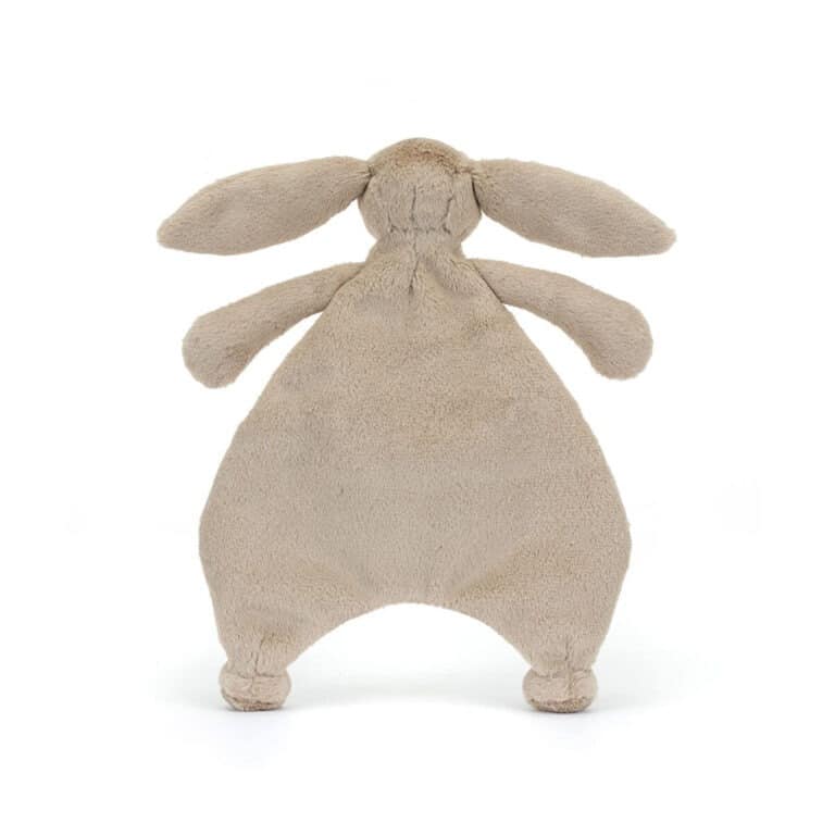 un doudou plat lapin beige Jellycat, vue de derrière sur fond blanc
