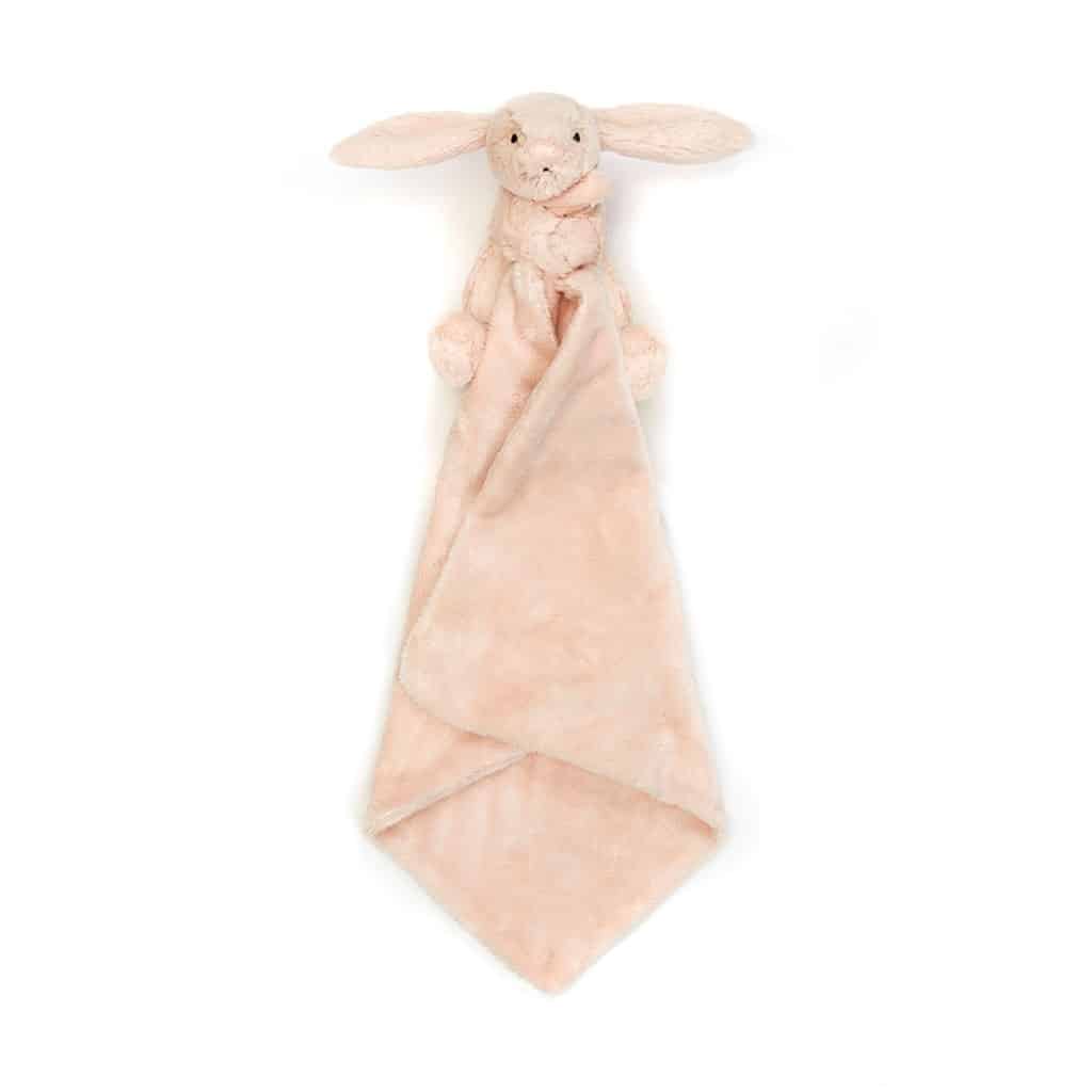 un doudou lapin rose avec sa mini couverture Jellycat, vue de face sur fond blanc