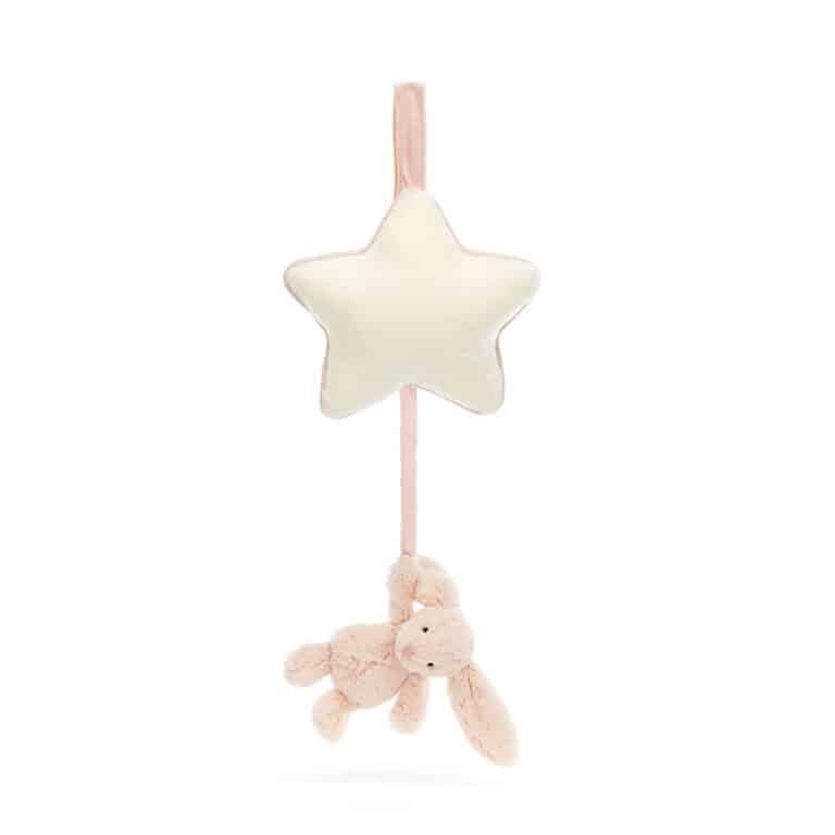 un doudou lapin rose musical Jellycat, vue de face sur fond blanc