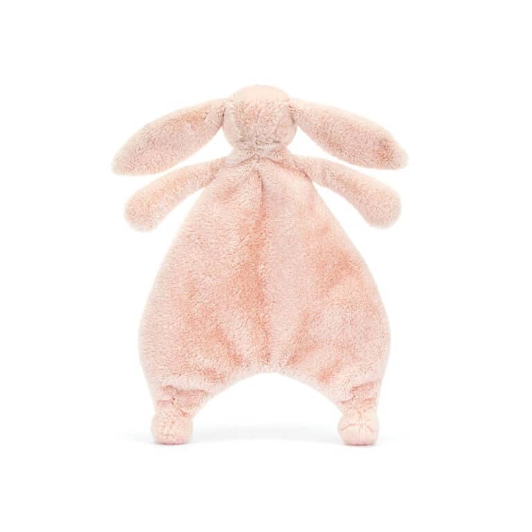 un doudou plat lapin rose Jellyact, vue de derrière sur fond blanc