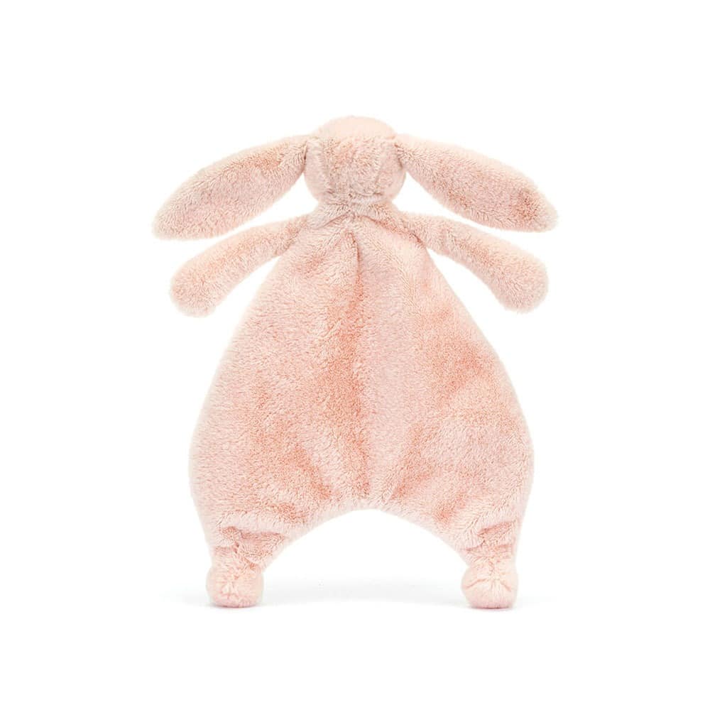 un doudou plat lapin rose Jellyact, vue de derrière sur fond blanc