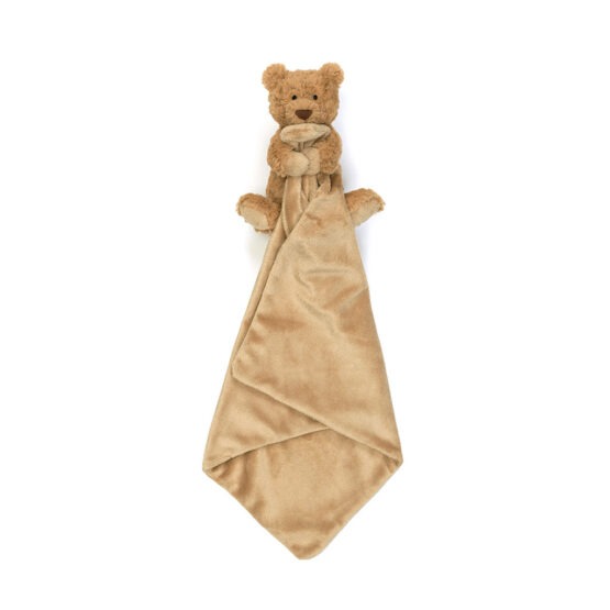 un doudou ours brun avec sa mini couverture Jellycat, vue de face sur fond blanc
