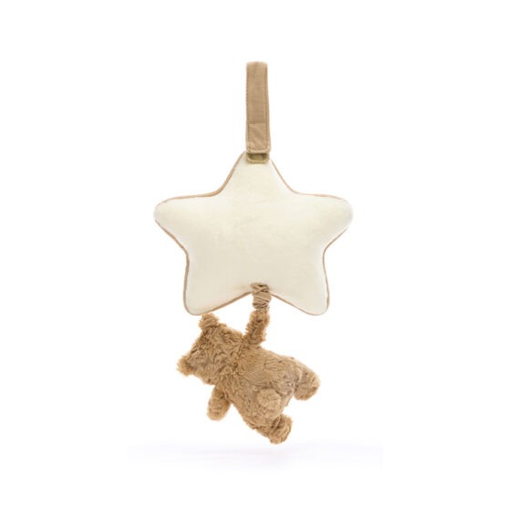 un doudou ours brun musical avec son étoile Jellycat, vue de derrière sur fond blanc