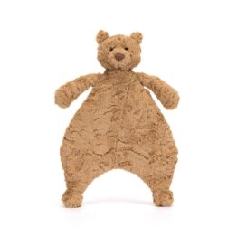 un doudou plat ours brun Jellycat, vue de face sur fond blanc