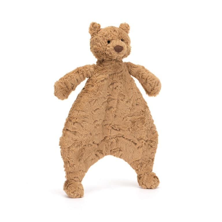un doudou plat ours brun Jellycat, vue de face sur fond blanc