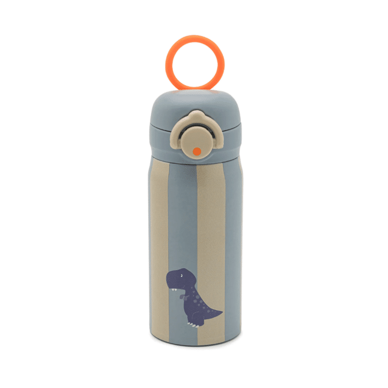 Cette gourde isotherme est vraiment jolie avec ses rayures et son petit dinosaure dessiné dessus.