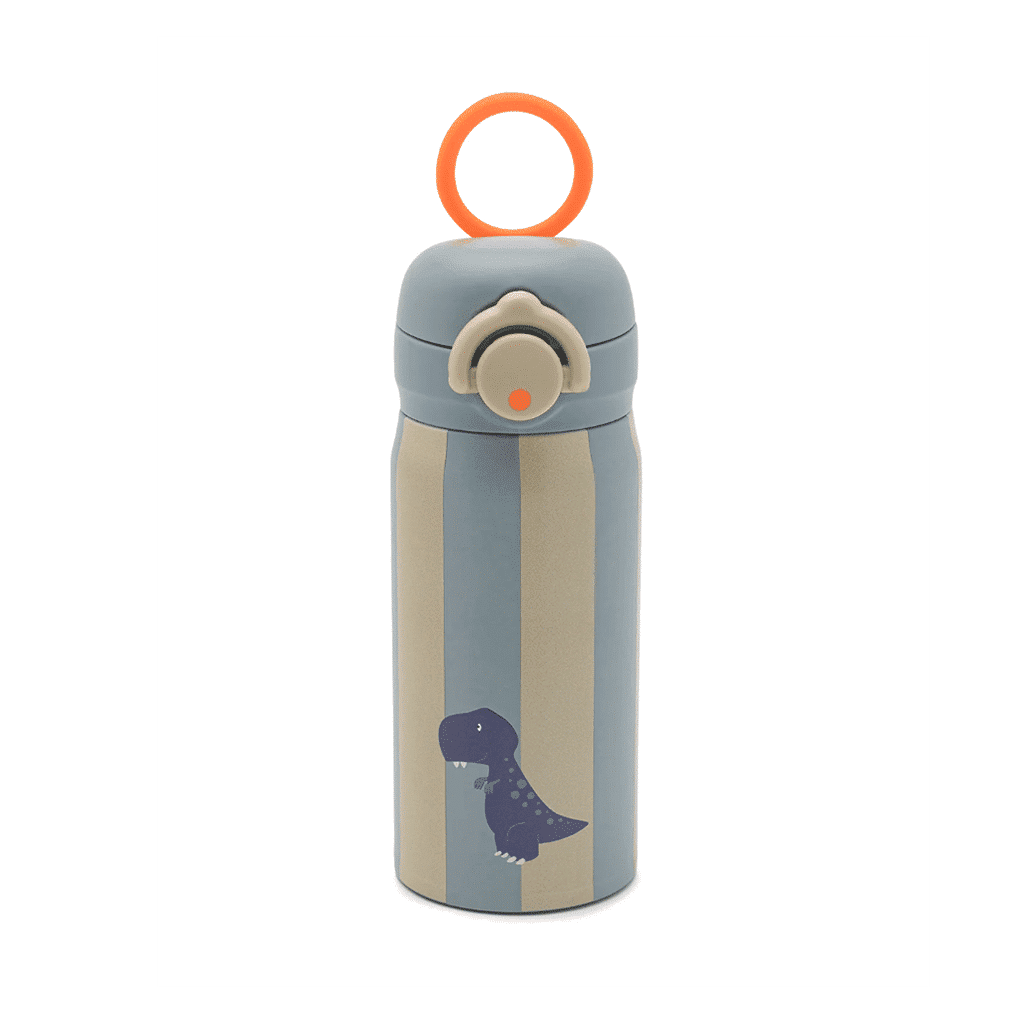 Cette gourde isotherme est vraiment jolie avec ses rayures et son petit dinosaure dessiné dessus.