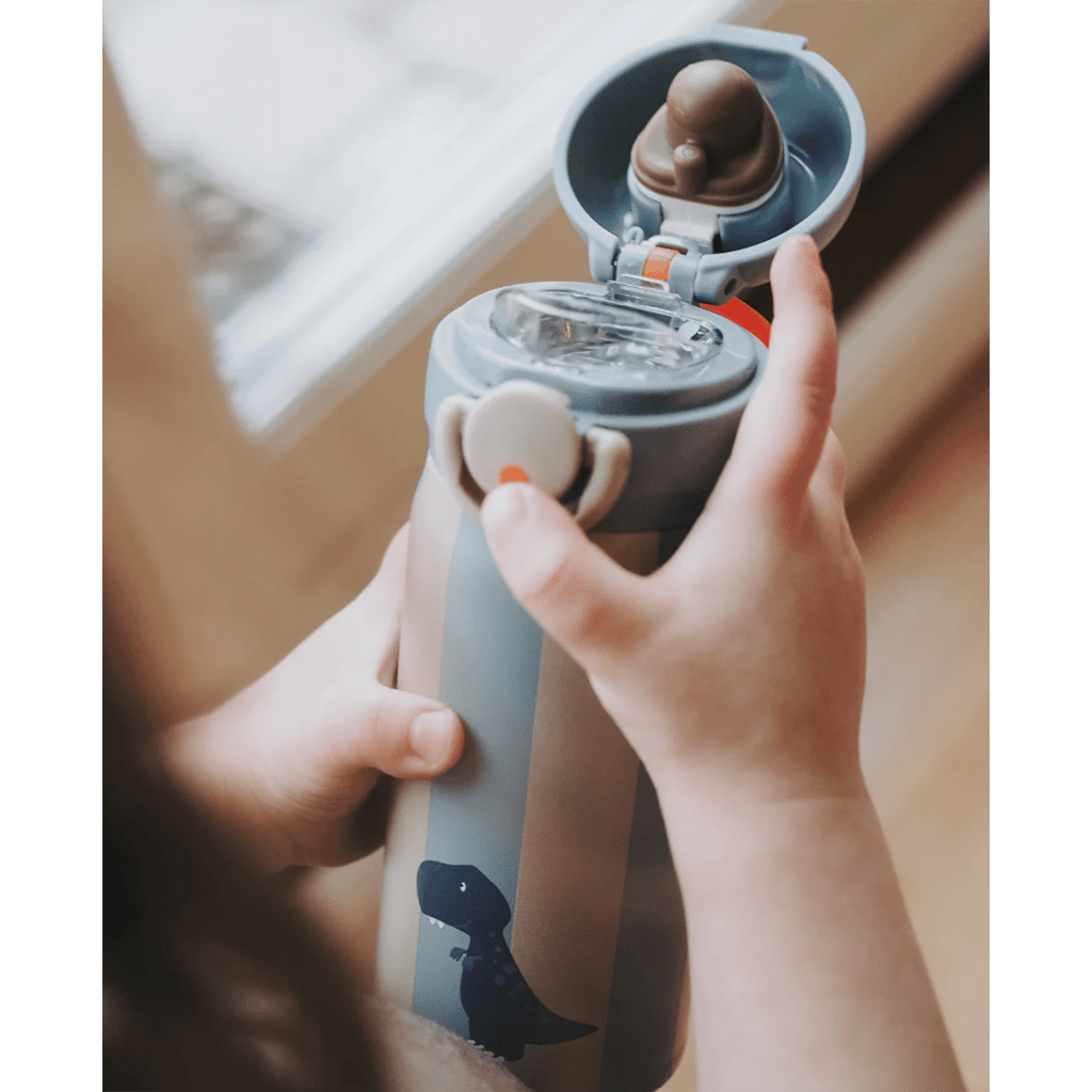 Cette gourde isotherme est vraiment jolie avec ses rayures et son petit dinosaure dessiné dessus.