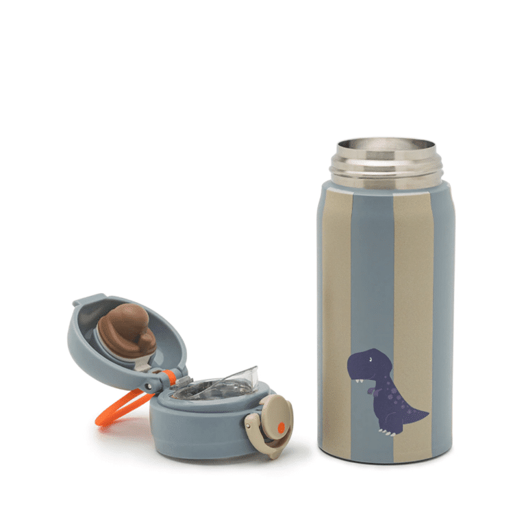 Cette gourde isotherme est vraiment jolie avec ses rayures et son petit dinosaure dessiné dessus.
