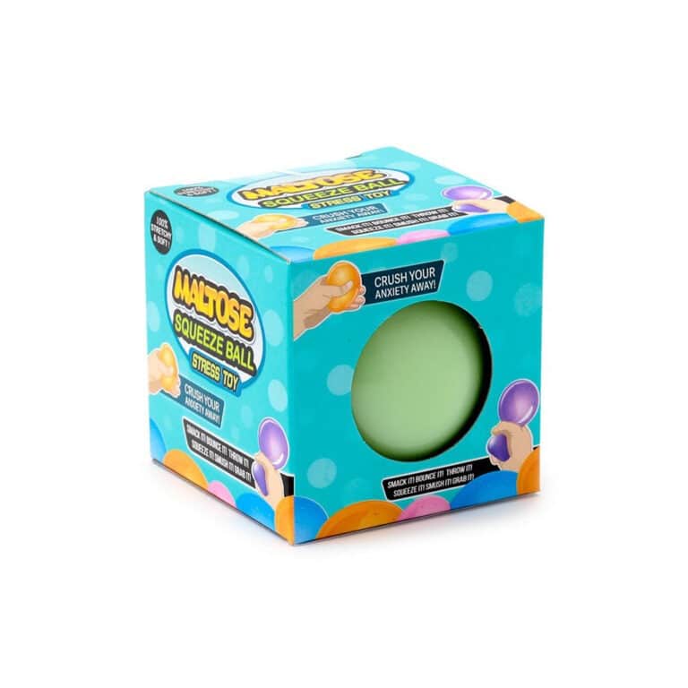 une balle anti-stress en maltose phosphorescente, vue de face sur fond blanc