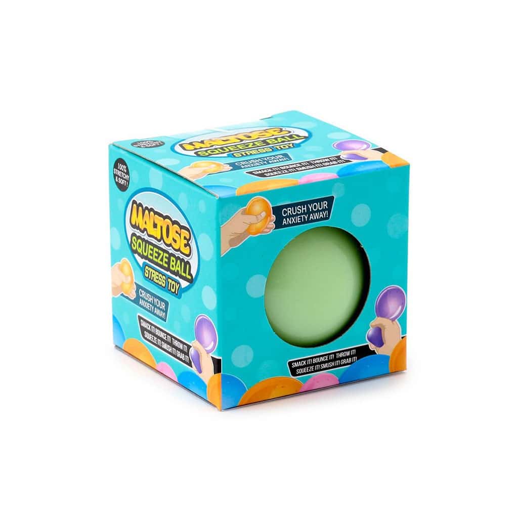 une balle anti-stress en maltose phosphorescente, vue de face sur fond blanc