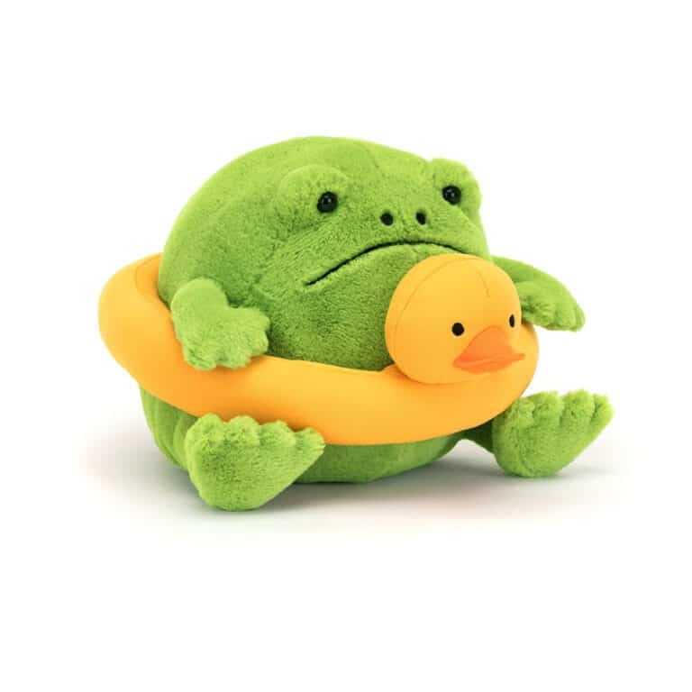 doudou ricky la grenouille et sa bouée canard jellycat sur fond blanc
