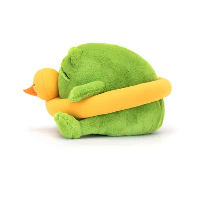 doudou ricky la grenouille et sa bouée canard jellycat vue de côté sur fond blanc