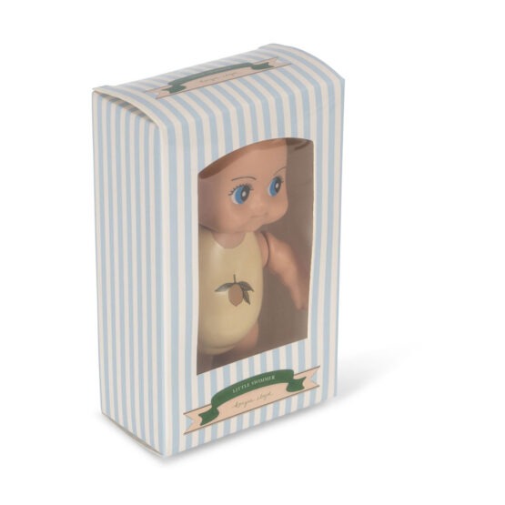 jouet de bain bébé nageur alfie konges slojd vue dans sa boîte sur fond blanc