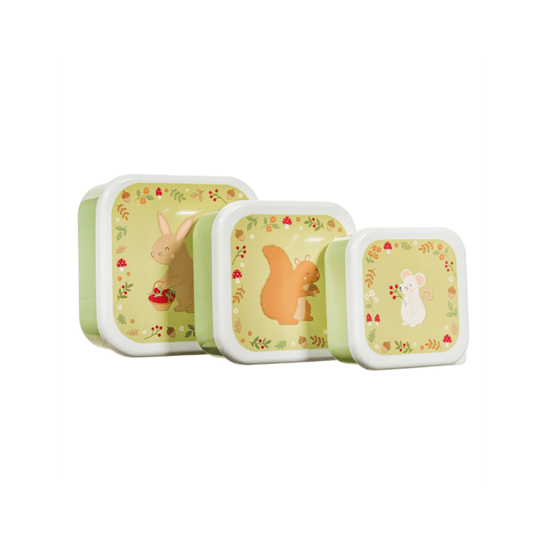 un lot de trois boîtes à repas animaux du jardin Sass&Belle, vue de face sur fond blanc