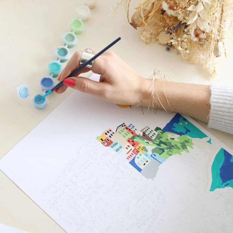 kit de peinture au numéro cinque terre la petite épicerie détail peinture en cours de réalisation