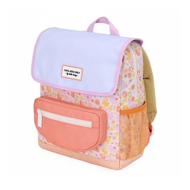 sac à dos retro flowers hello hossy vue de côté sur fond blanc