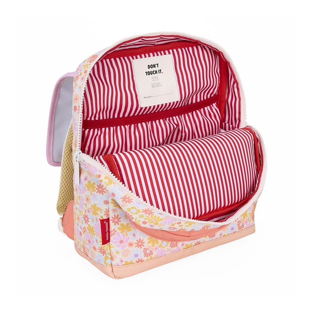 sac à dos retro flowers hello hossy détail intérieur sur fond blanc
