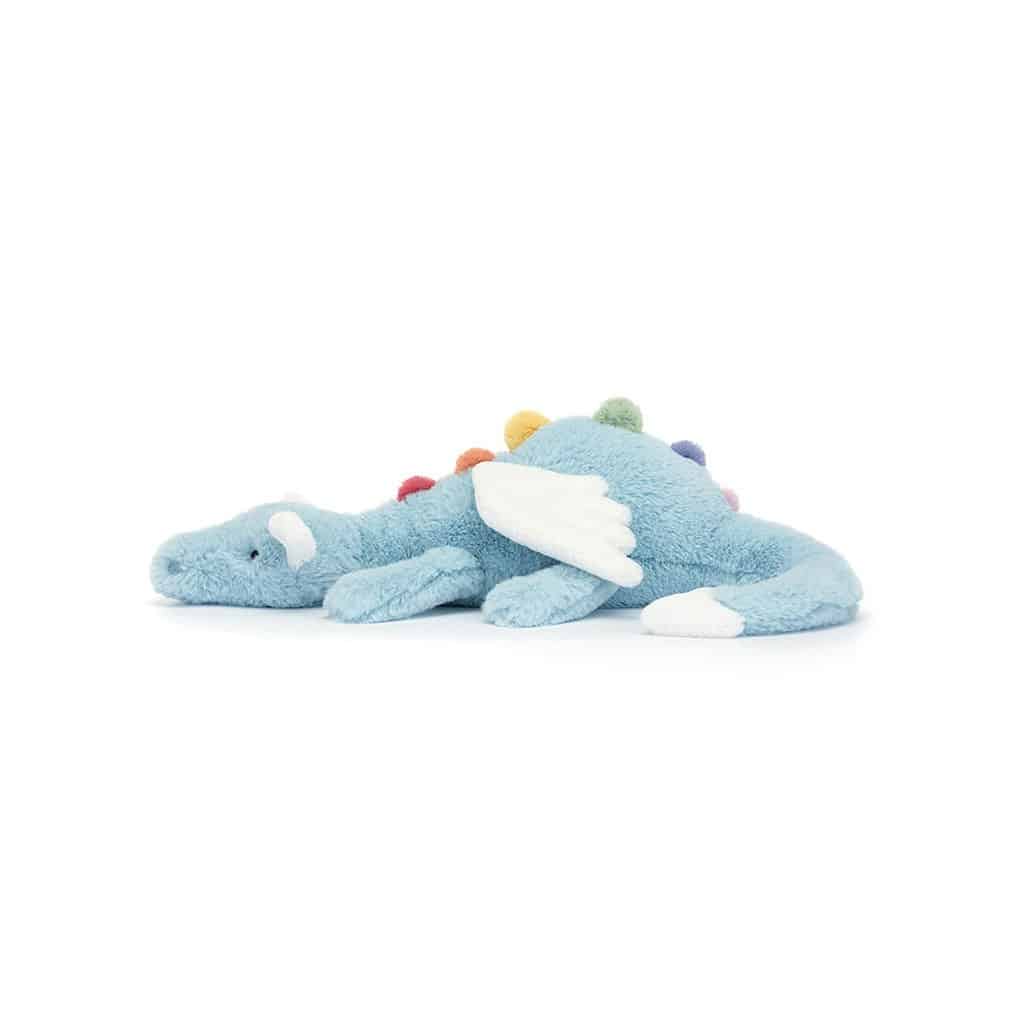 Sky le dragon Jellycat, vue de côté sur fond blanc