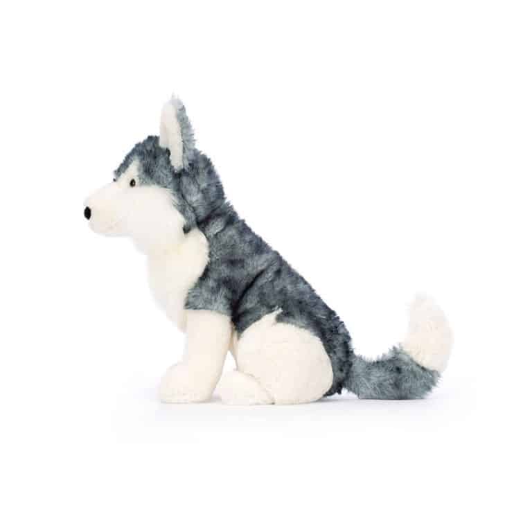 Jackson le husky Jellycat, vue de côté sur fond blanc
