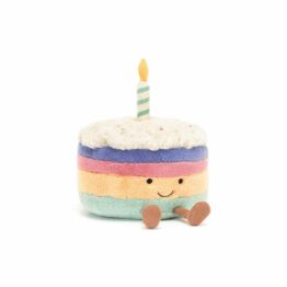 un gâteau d'anniversaire rainbow Jellycat, vue de face sur fond blanc