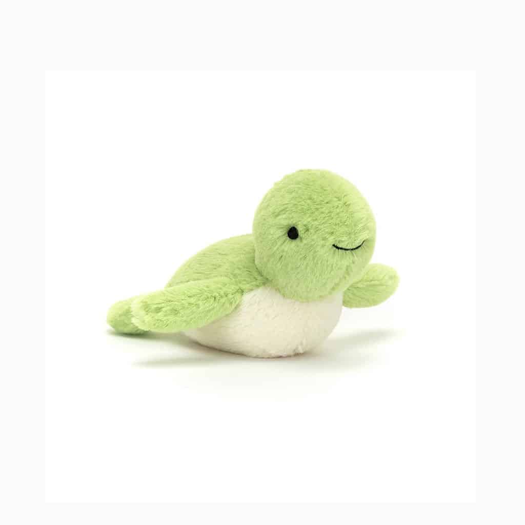 un mini doudou tortue fluffy Jellycat, vue de face sur fond blanc