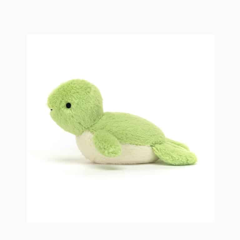 un mini doudou tortue fluffy Jellycat, vue de côté sur fond blanc