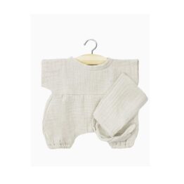 combinaison noa et son béguin grège pour babies minikane sur fond blanc