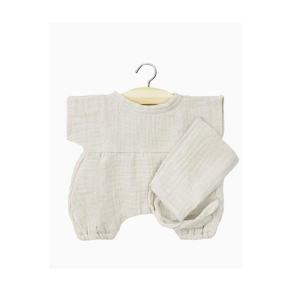 combinaison noa et son béguin grège pour babies minikane sur fond blanc