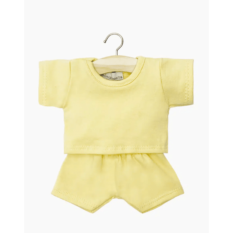 ensemble t-shirt et short en jersey jaune vanille minikane sur fond blanc