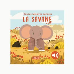 un livre sonore sur le animaux de la savane Sassi, vue de face sur fond blanc