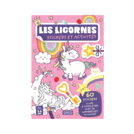 un livre d'activités et de stickers licornes Sassi, vue de face sur fond blanc