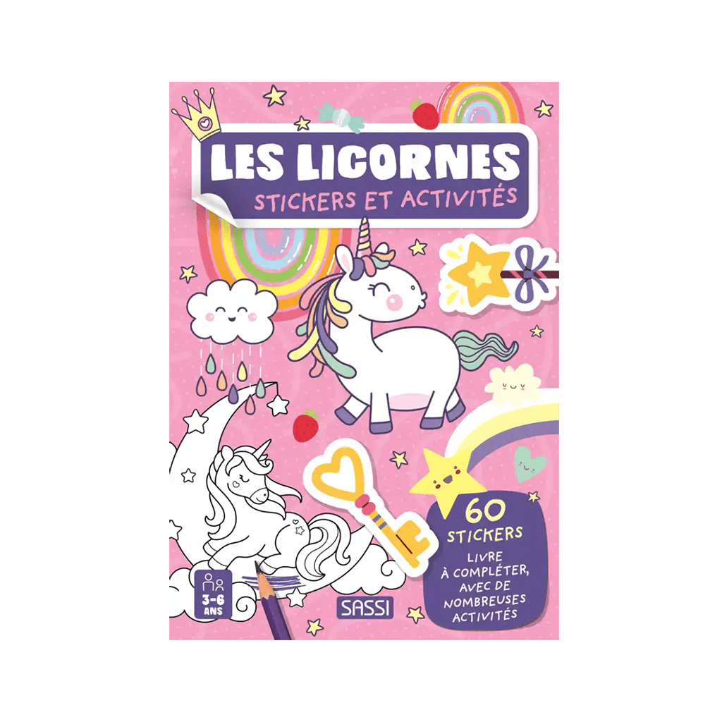 un livre d'activités et de stickers licornes Sassi, vue de face sur fond blanc