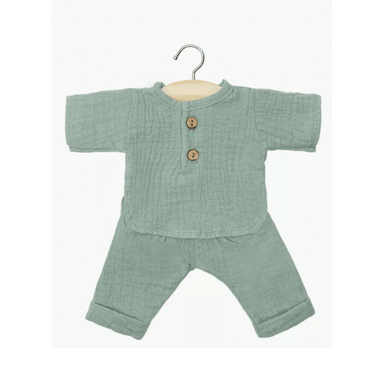 ensemble Andrea en gaze de coton vert baltique pour poupée Minikane, vue de face sur fond blanc