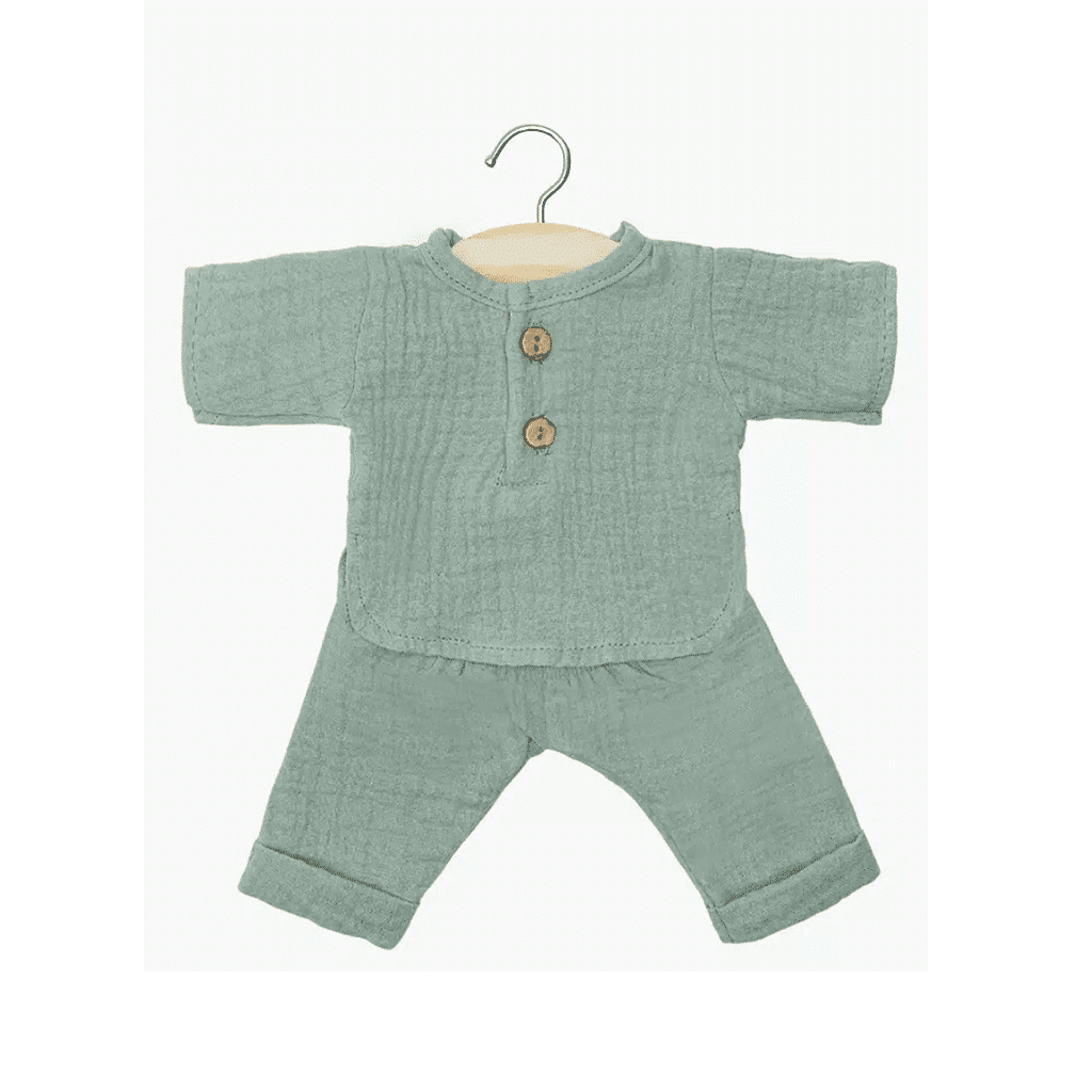 ensemble Andrea en gaze de coton vert baltique pour poupée Minikane, vue de face sur fond blanc