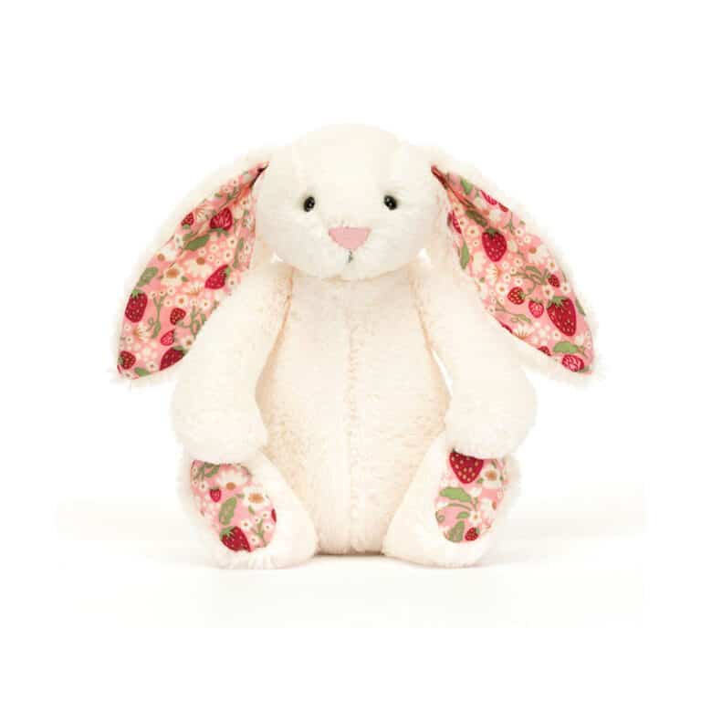Doudou lapin blanc oreilles petites fraises jellycat - Blossom Cream Bunny 'Berry' Jellycat pas cher, jellycat incontournable