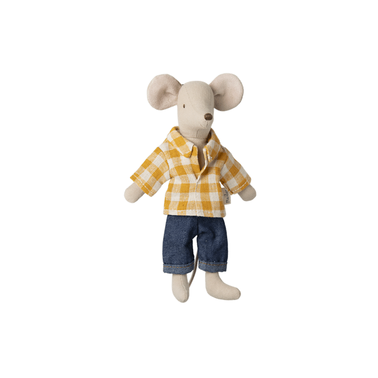 Souris papa chemise jaune à carreaux maileg